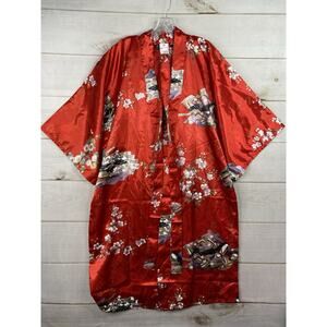 Vtg Sakurai Shoji Japan Red Floral Kimono Robe Fan Print Cherry Blossom Geisha